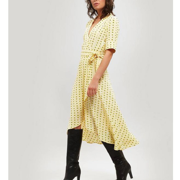 Ganni Sunflower Polkadot Crepe Wrap Dress Yellow Pippa Middleton size 36 / S / 4 - Picture 1 of 16